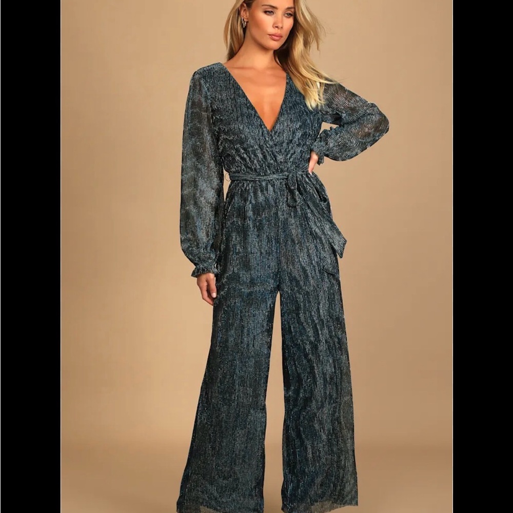 Women's Deep V-Neck Long Sleeve Wide-Leg Jumpsuit - Teal - Picture 2 of 7